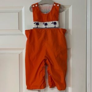 Clemson Smocked Jon Jon overalls with South Carolina flag design